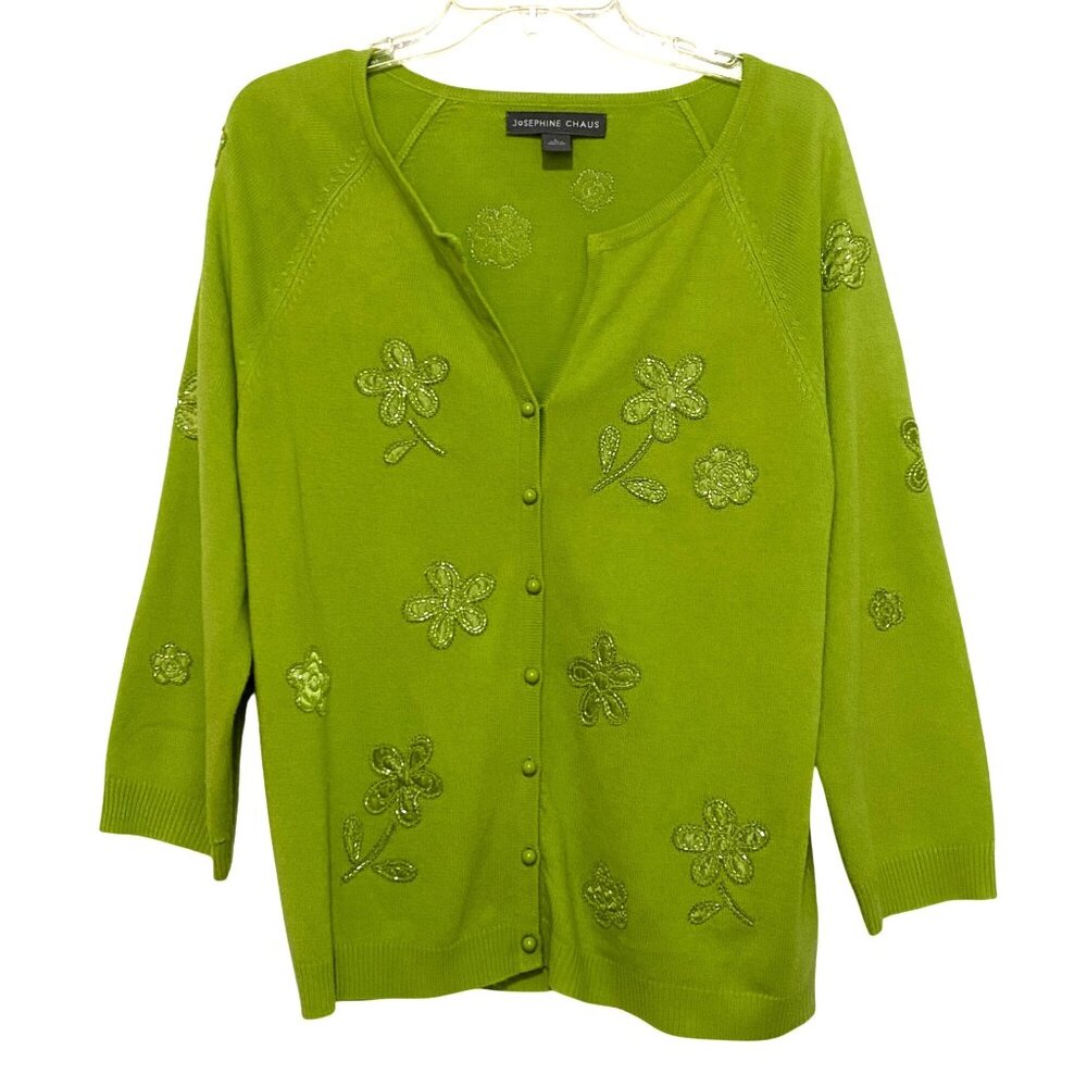 Vintage Beaded Womens Cardigan L Green Preppy Floral Spring Fall Mature‎ Flaws